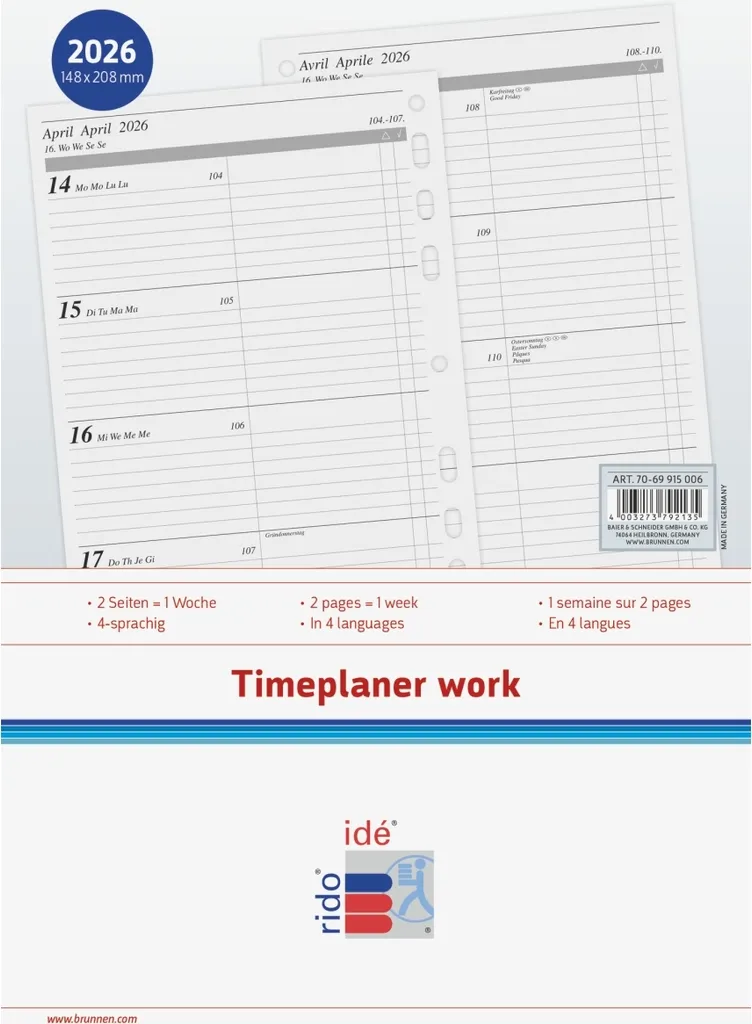 Rido/Idé 7069915006 Timeplanner A5 - Insertion 2 pages par semaine