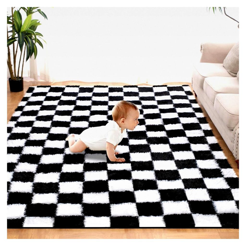 Wohnzimmerteppich mit Schachbrettmuster, Hochflor Teppich für Schlafzimmer und Kinderzimmer, 80x150cm, Schwarz und Weiß