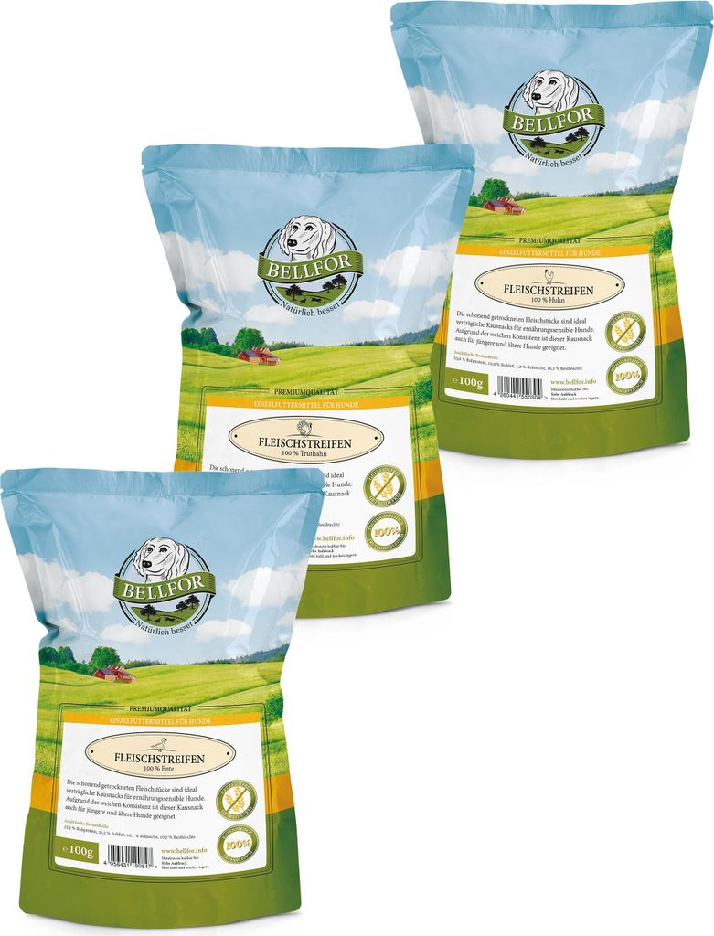 Bellfor Sparset Nr. 1 - Trockenfleischstreifen Mix Huhn, Truthahn & Ente 300.00 g