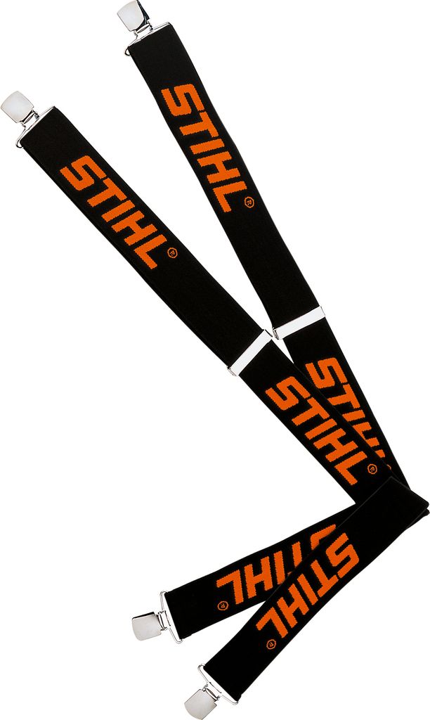 A pair of black Stihl suspenders with orange logos and silver clips, laid out diagonally against a white background.