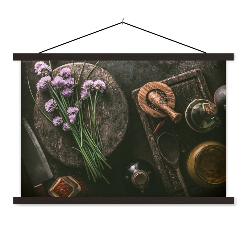 MuchoWow Textilposter Schnittlauch - Küche - Mörser - Rustikal - Kräuter - Lila 150x100 cm mit schwarzem Rahmen - Schlafzimmer