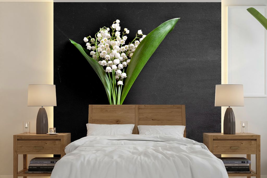 MuchoWow Fototapete für Wohnzimmer oder Schlafzimmer Wandtapete Vinyl Motivtapete Maiglöckchen - Blumen - Stilleben - Flora - 280x280 cm - Hint...