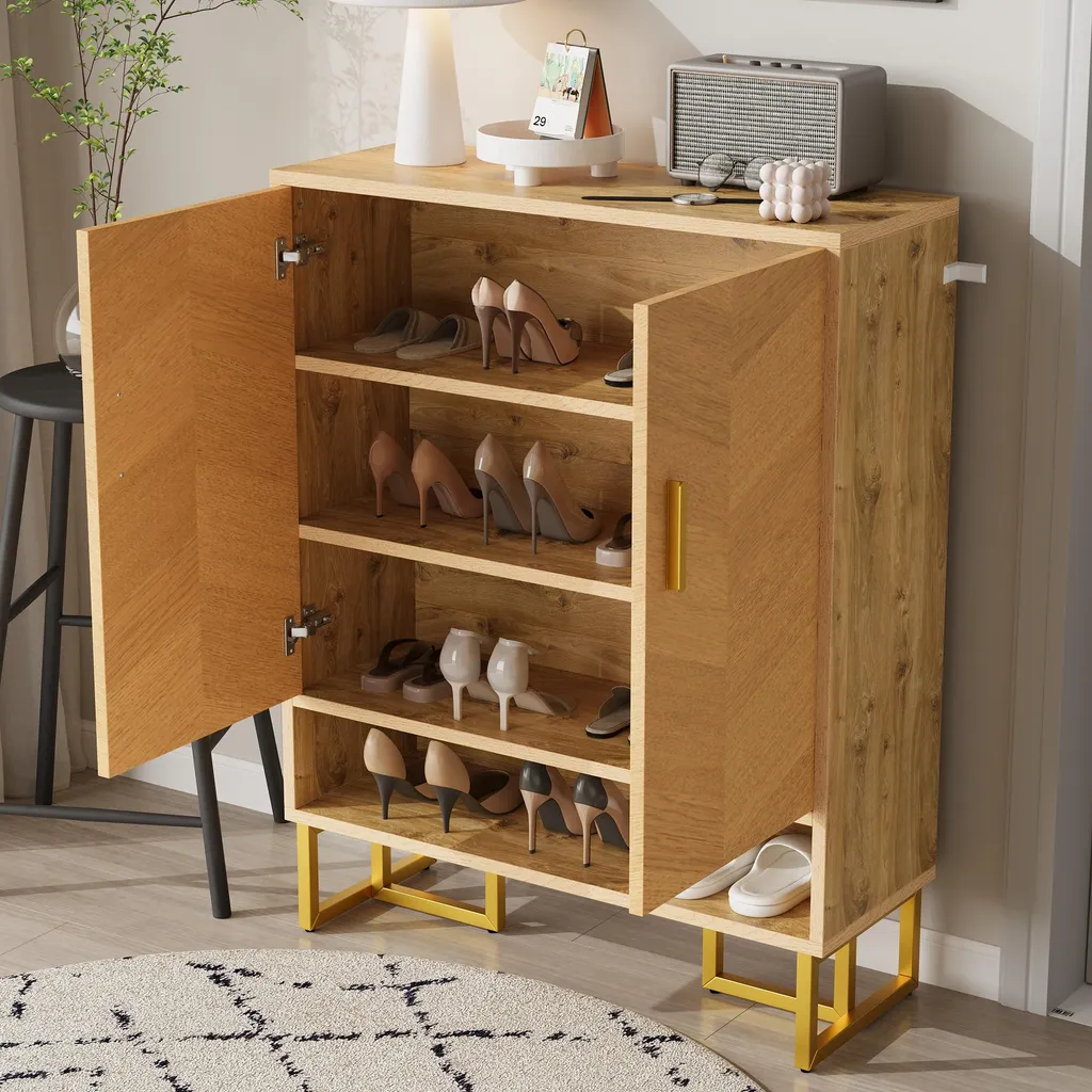 Meuble Chaussures pour Entrée Étroite Style Scandinave Bois et Doré