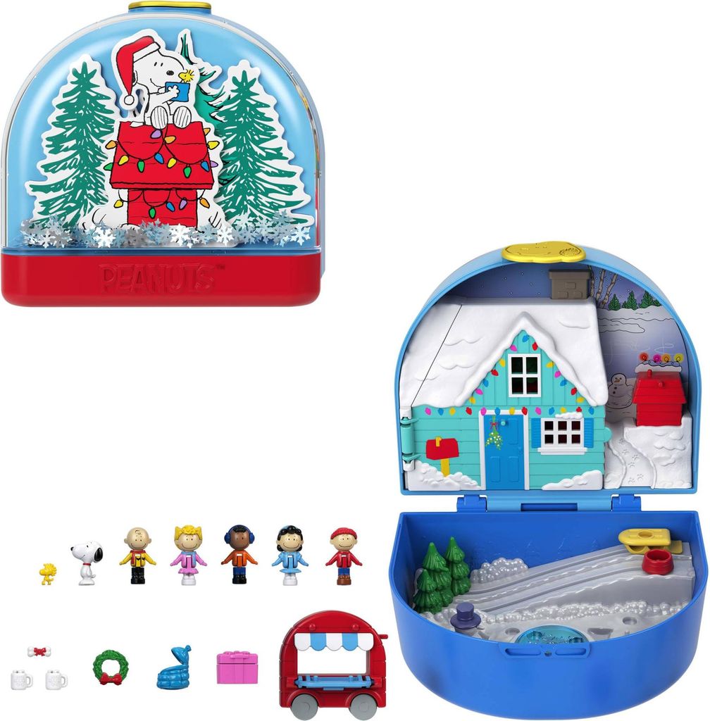 Polly Pocket x Peanuts Sammler-Schatulle, Minipuppen und Spielset, 7 thematische Zubehörteile, 4 symbolische Locations, Snoopy & Woodstock, JFV05