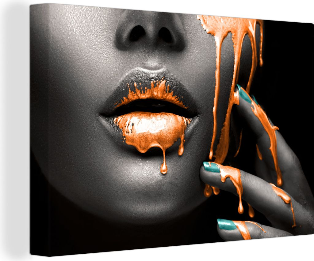 MuchoWow - Leinwandbilder - Lippen - Orange - Schwarz, Wandbild, Wanddeko Bilder Wohnzimmer, 90x60 cm