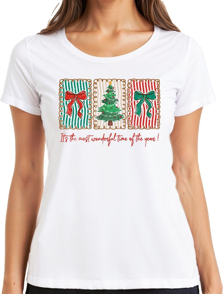 It's the most wonderful Weihnachtsbaum Schleife gestreift Retro Damen T-Shirt, Weiß, XL