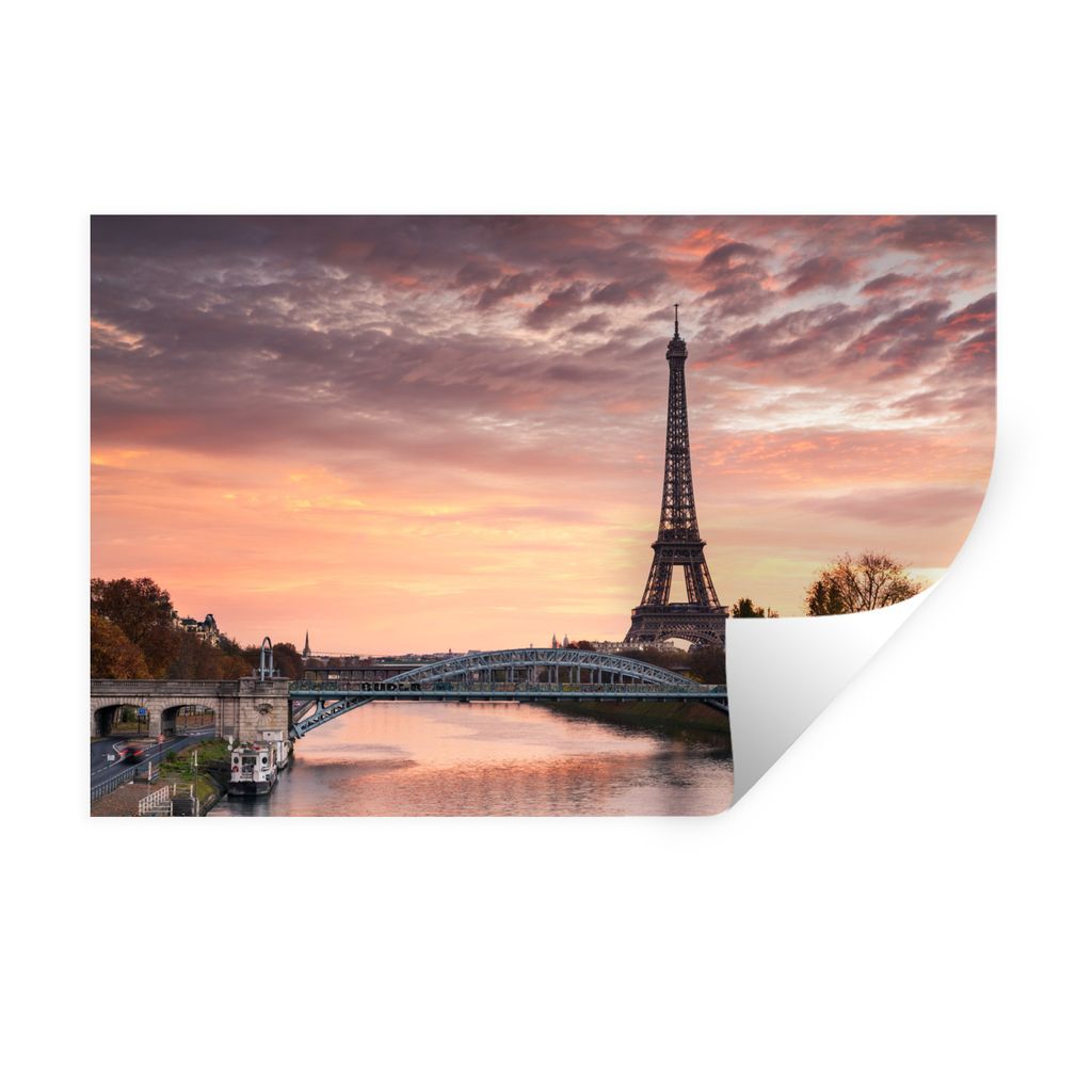 MuchoWow Wandtattoo Wandsticker Wandaufkleber Ein wunderschöner orangefarbener Himmel über dem Eiffelturm in Paris 30x20 cm Selbstklebend und R...