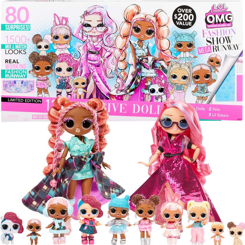 A product box for LOL Surprise OMG Fashion Show Mega Runway dolls, with two large dolls and several smaller dolls displayed in front of the box.