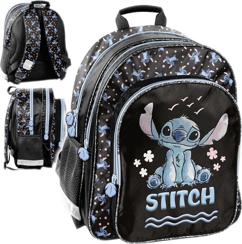 A collage of a black backpack with a Stitch design, showing different views.