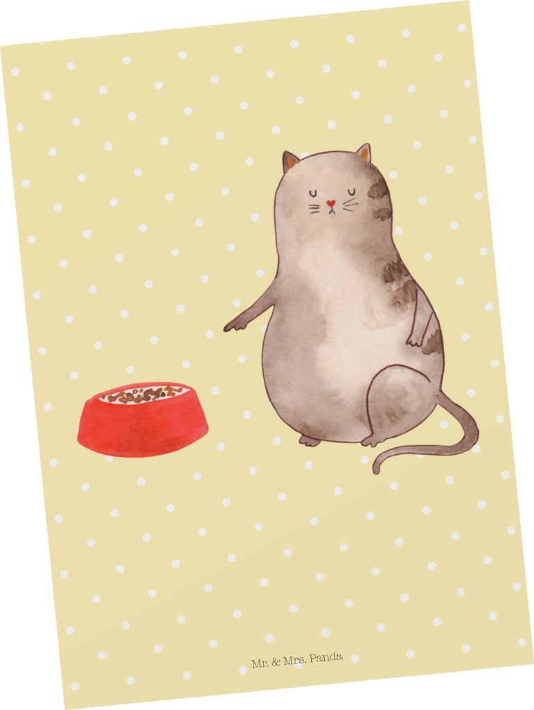 Mr. & Mrs. Panda Postkarte Katze Fressen - Gelb Pastell - Geschenk, einzelkarte, Ansichtskarten, bildkarte, Grußkarte, Postkarten