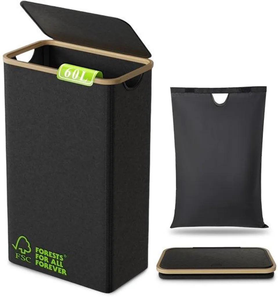 Panier à linge élancé en bambou noir 60L idéal pour petits espaces