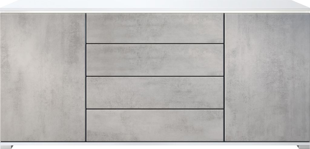 Vladon Sideboard Faro V2 - Kommode mit 2 Türen & 4 Schubladen, Schrank mit LED Lichtleiste, Weiß matt / Beton Oxid Optik (166,5 x 75,5 x 35)