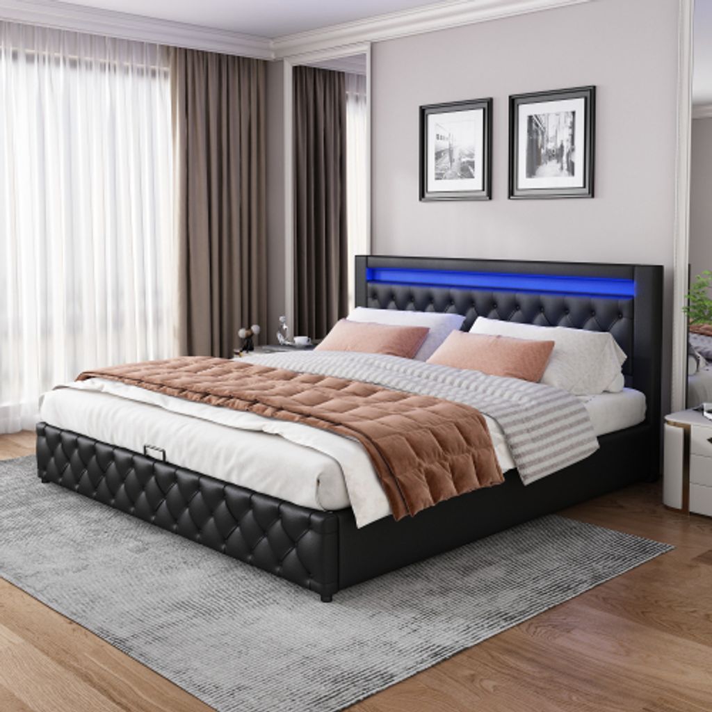 Polsterbett 140x200 cm Funktionsbett (Ohne Matratze) mit Lattenrost und Stauraum mit LED-Beleuchtung mit Funktion von Aufbewahrung Schwarz PU