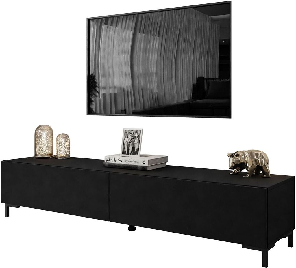 A black TV stand with decorative items on top, set against a white background.