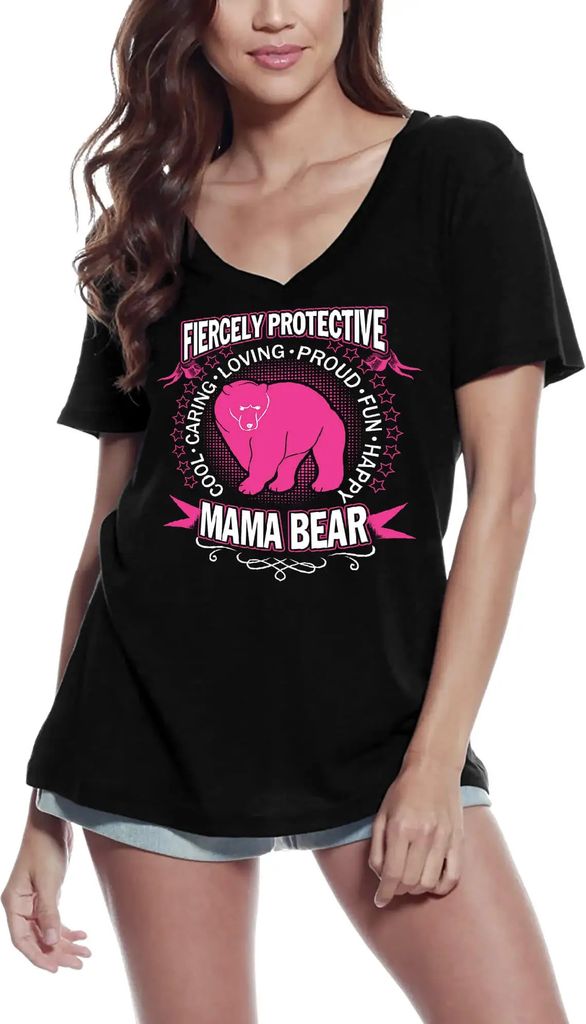 Damen Grafik T-Shirt V-Ausschnitt Wild beschützende Bärenmama – Fiercely Protective Mama Bear – Öko-Verantwortlich Vintage Jahrgang Kurzarm ...