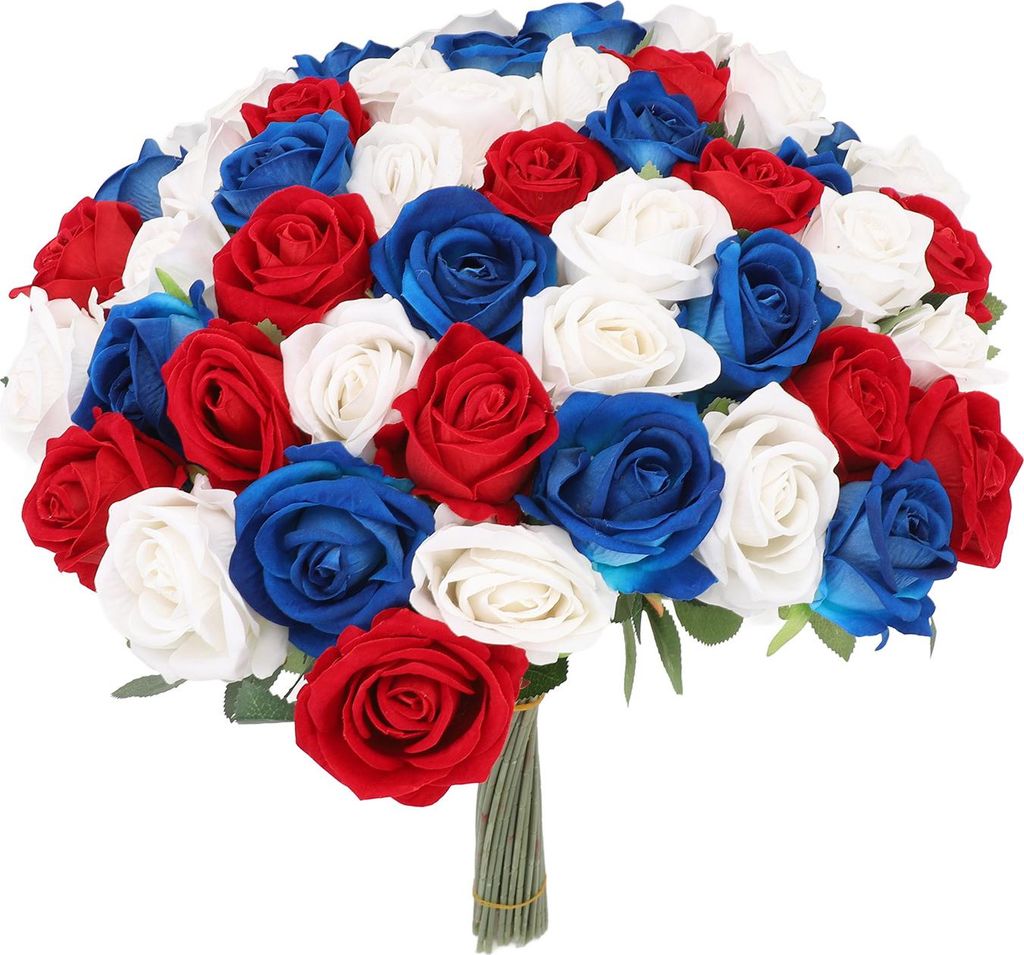 50 Stück Set künstliche Rose rot blau weiß realistische Rose Strauß für Tischdekoration Memorial Day