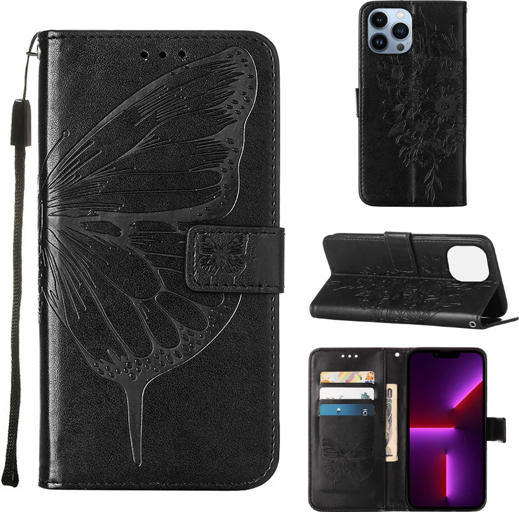 Custodia Farfalla iPhone 13 Pro Max - Cover Portafoglio Pelle Nero Chic