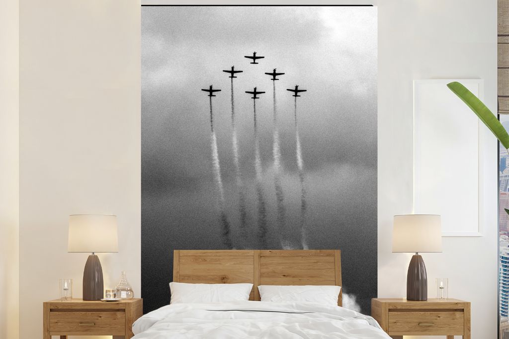 MuchoWow Fototapete für Wohnzimmer oder Schlafzimmer Wandtapete Vinyl Motivtapete Vintage - Flugzeug - Himmel - Wolken - Schwarz und weiß - 145...