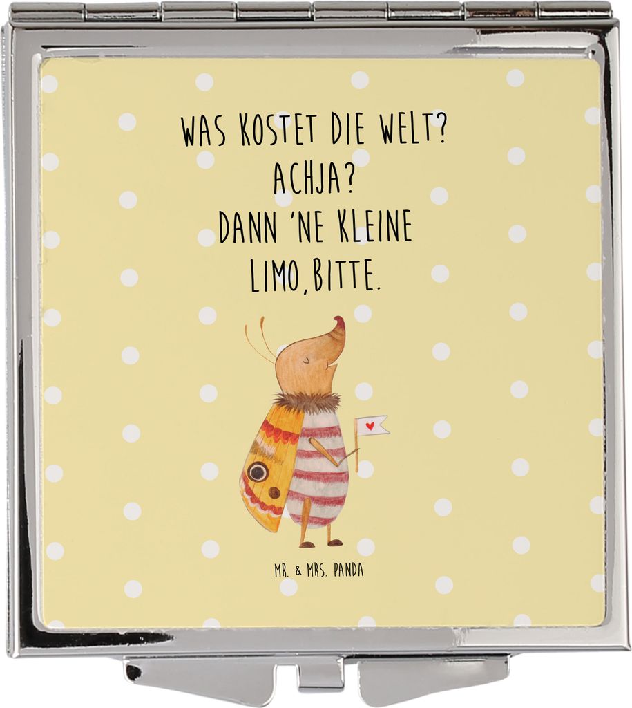 Mr. & Mrs. Panda Quadratischer Spiegel Nachtfalter Fähnchen - Gelb Pastell - Geschenk, Kleiner, Käfer, Frauen, Niedlich, Schminkspiegel, Süß, L...