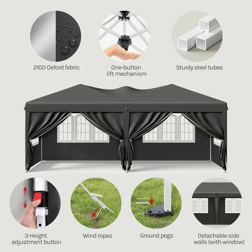 Barnum de réception 6x3 m pliant gris imperméable avec hauteur réglable - 3
