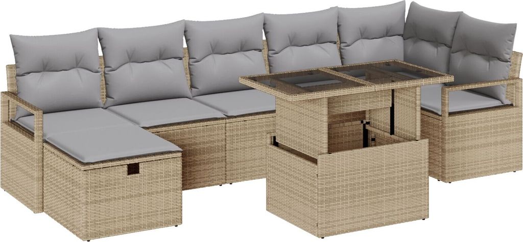 Möbel 8-teiliges Garten Sofa Set mit Kissen Beige Poly Rattan, 2-Sitzer Garten Sofa mit Stauraum & Kissen Beige Poly Rattan - Gartensofas 3361139