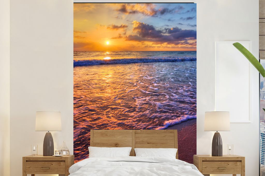 MuchoWow Fototapete für Wohnzimmer oder Schlafzimmer Wandtapete Vinyl Motivtapete Meer - Strand - Sonnenuntergang - Wolken - Horizont - 180x280 ...