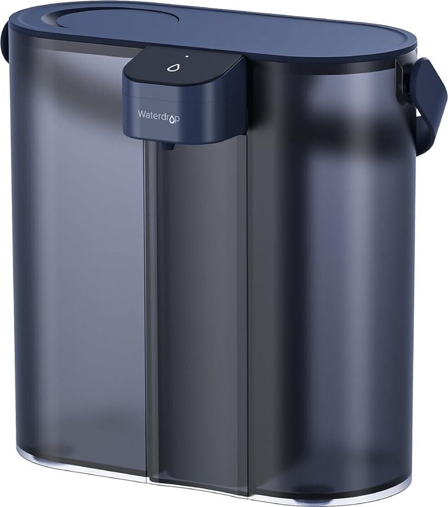 A product shot of a countertop water filter pitcher.