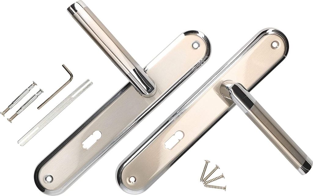 Two door handles with mounting hardware on a white background.