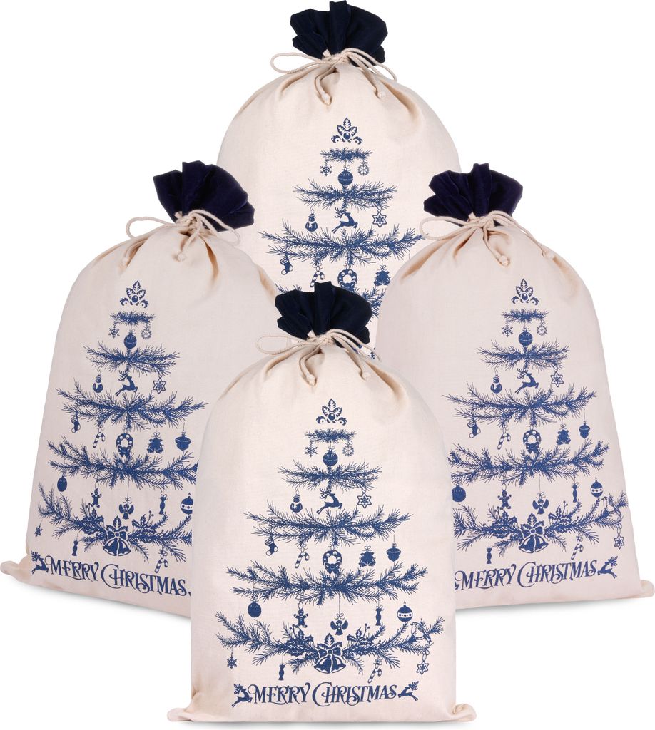 BRUBAKER Weihnachtssack Tannenbaum Blau - 80 cm Geschenksack Weihnachten - Nikolaussack aus Baumwolle, 4 Stück