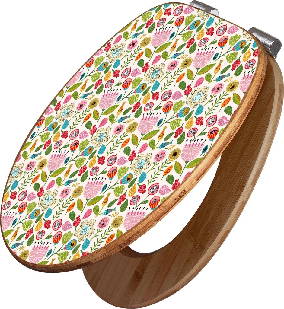 banjado Design WC Sitz Bambus Absenkautomatik -Blumen Naiv - Toilettendeckel mit Absenkautomatik Holz/hochwertiger Bambus Klodeckel/WC-Sitz für al...