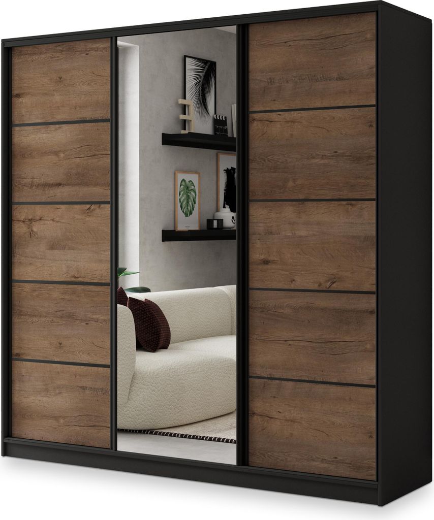 Masseno Schiebetürenschrank NATA 180/205/58 cm Kleiderschrank mit 4 Schubladen Schlafzimmer Schrank 3-türig mit Spiegel Schwarz / Eiche Lefkas