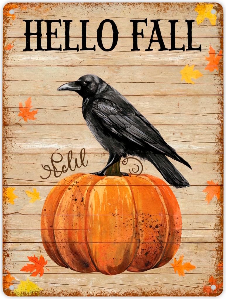 Rabe auf Kürbis - Hello Fall Metallschild XL in 21x28 cm als Herbstdeko