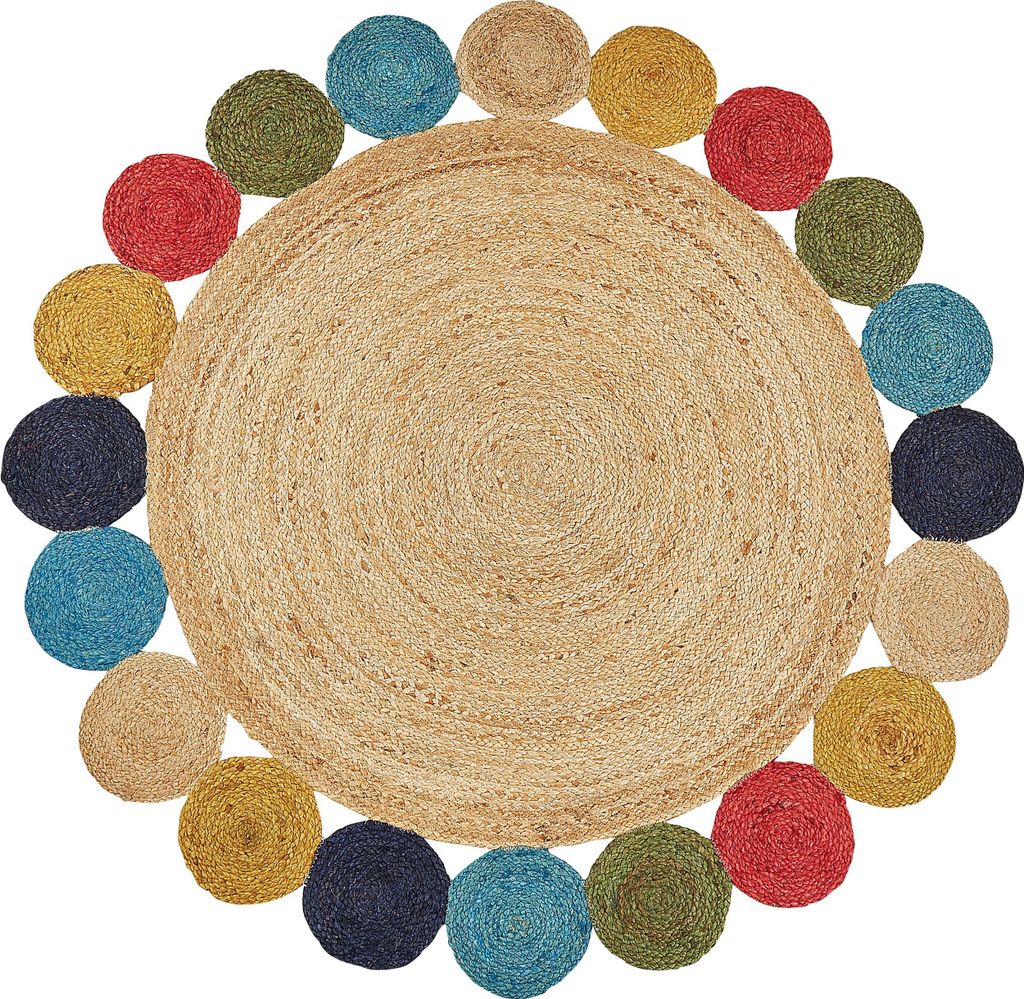 BELIANI Teppich Mehrfarbig Jute Rund ø 140 cm mit Kreisen Zweiseitig Boho Rustikal Modern Kurzflor Kurzhaar Läufer Schlafzimmer Wohnzimmer Aussta...