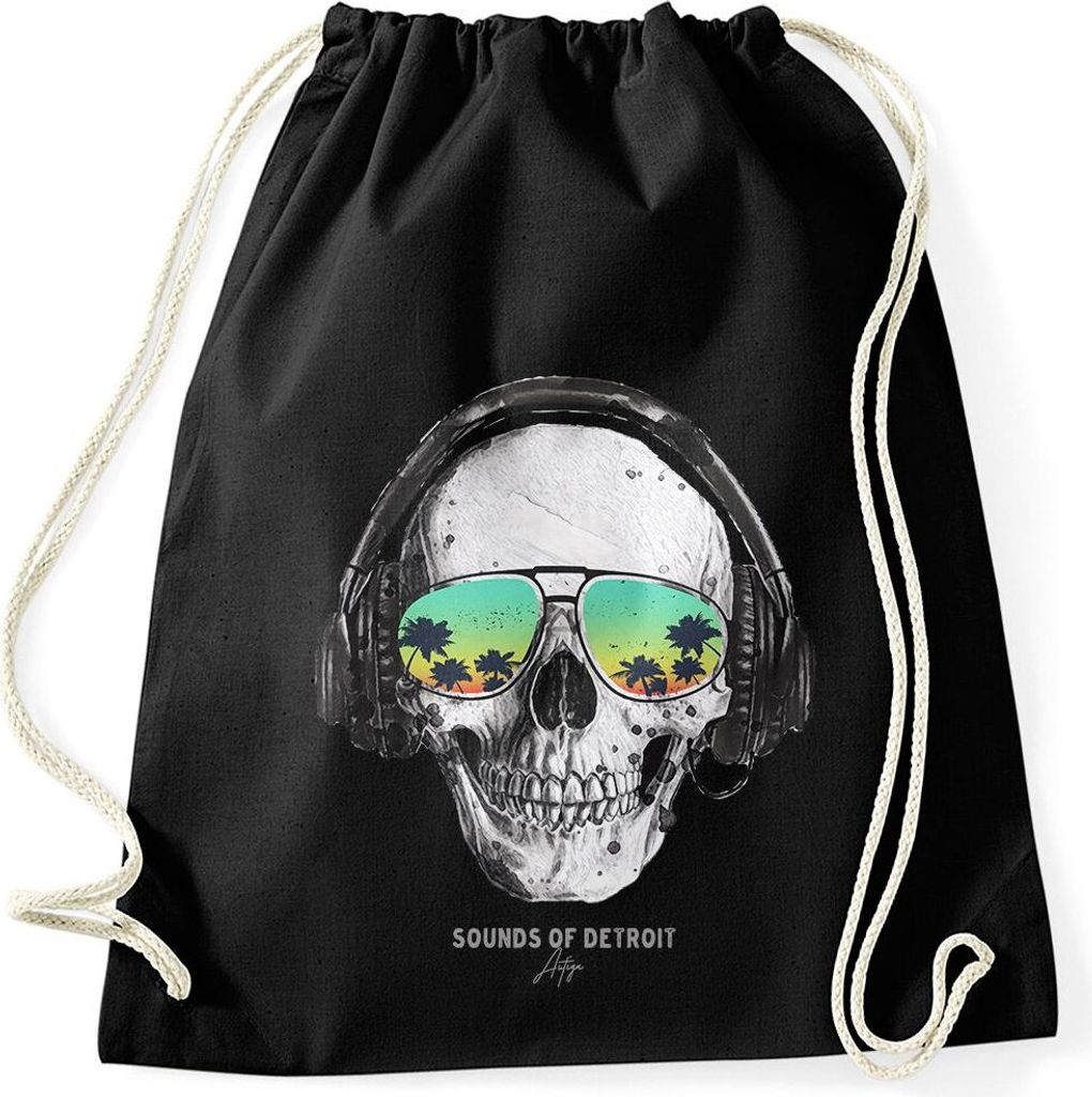 Turnbeutel Totenkopf Skull Sonnenbrille Schädel Sounds of Detroit Music Hipster Beutel Tasche Gymsac Autiga schwarz unisize