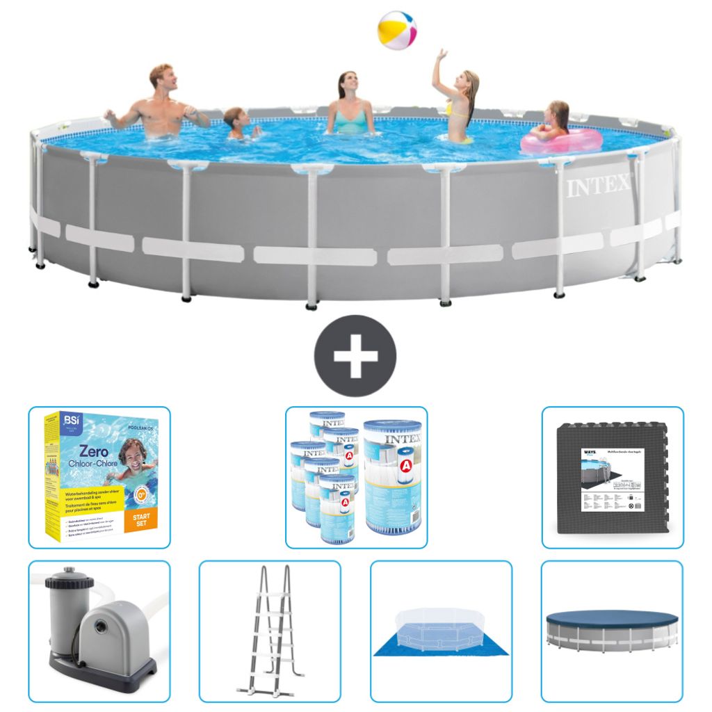 Intex Round Prism Frame Swimming Pool – 610 x 132 cm – Grau – inklusive Pumpe – Leiter – Bodenplane – Abdeckung Wartungspaket - Filter ...