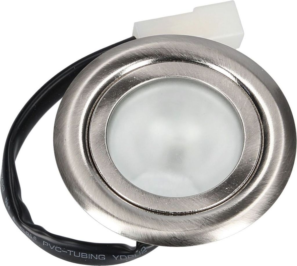 Close-up shot of a small, round, silver LED light fixture with a white frosted lens.