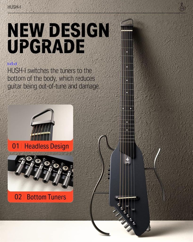 HUSH-I Gitarre, 6-saitig, 20 Bünde, Ahorn, Schwarz matt, 628 mm Mensur, 43 mm Bundbreite, mit Tonabnehmer