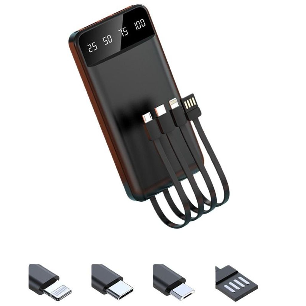 ZELURXX Powerbank 20000mAh mit integrierten Kabeln, Schnellladung, Mehrfachschutz, LED-Anzeige, 5 Geräte gleichzeitig laden