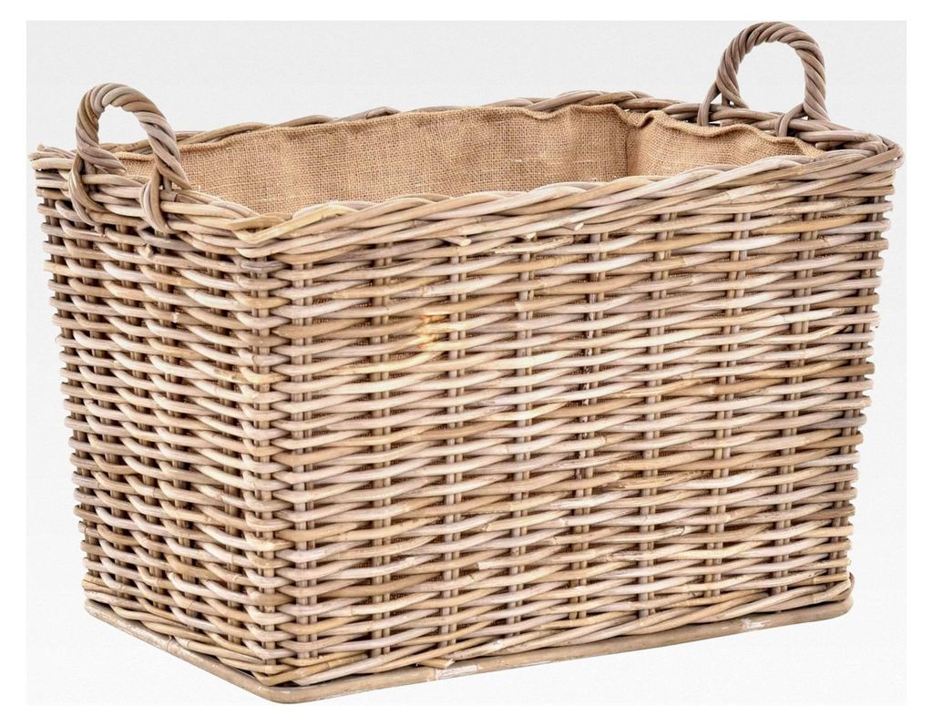 Stabiler Kaminholzkorb aus unbehandeltem Natur-Rattan in Grau mit Jutefutter