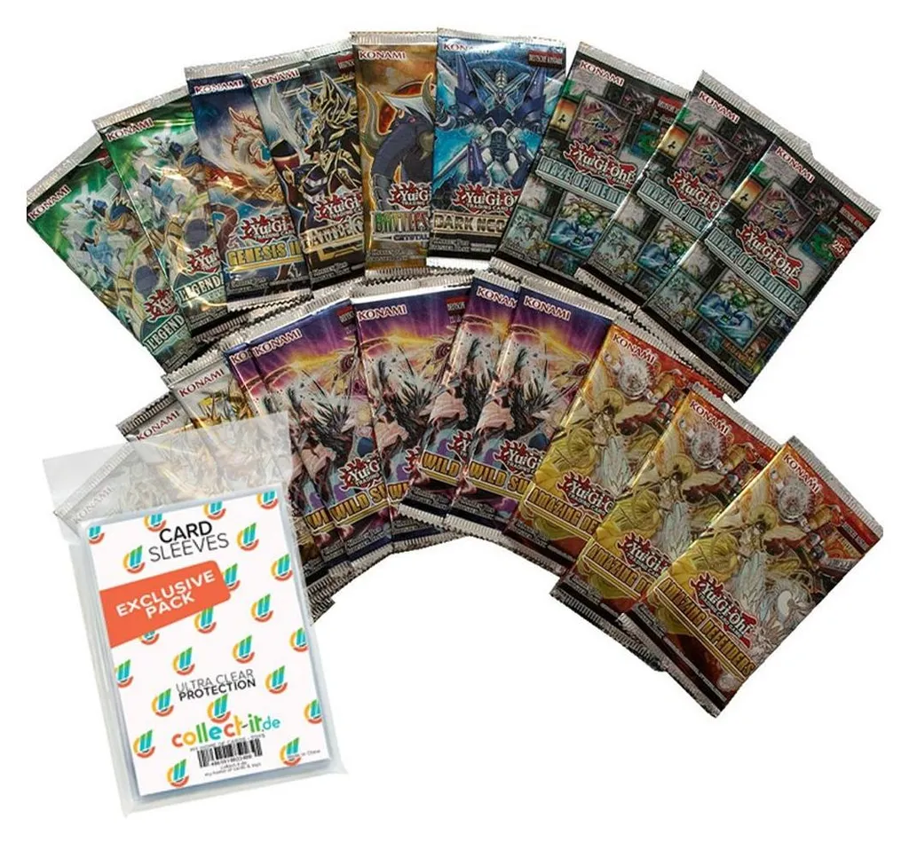 Lot de Cartes Yu-Gi-Oh! 20 Boosters Neufs et 100 Sleeves de Protection