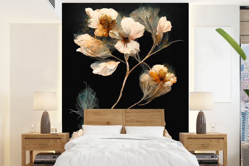 MuchoWow Fototapete für Wohnzimmer oder Schlafzimmer Wandtapete Vinyl Motivtapete Blumen - Schwarz - Pflanzen - Vintage - 195x260 cm - Wandbild