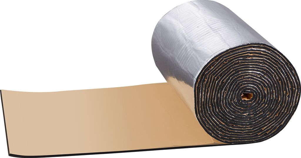 A roll of sound deadening material is partially unrolled, showing the adhesive backing.