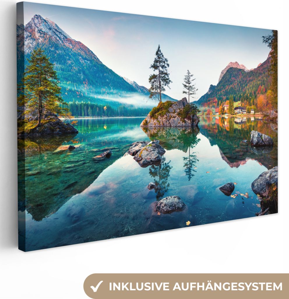 MuchoWow - Leinwandbilder - Berge - See - Bäume - Natur - Wasser, Wandbild, Wanddeko Bilder Wohnzimmer, 120x80 cm