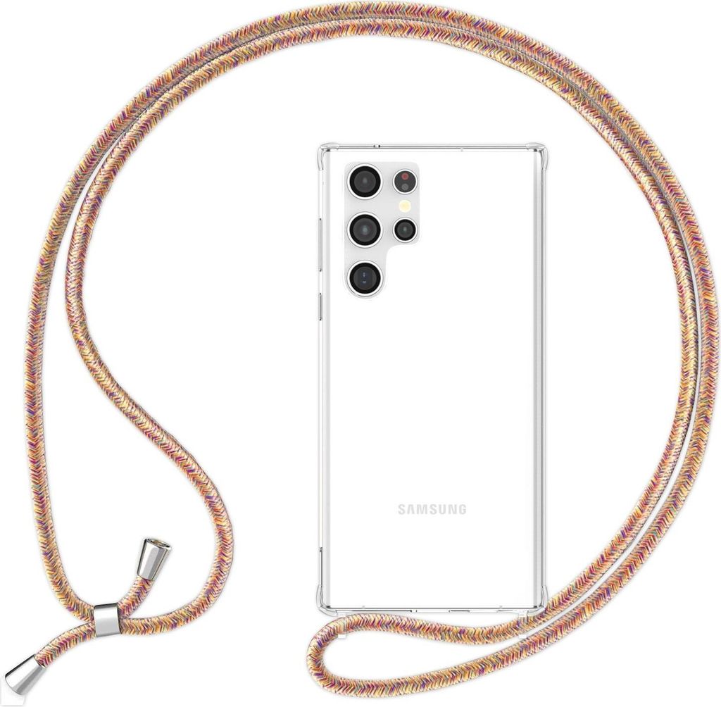 NALIA Klare Schutzhülle mit Kette für Samsung Galaxy S24 Ultra Hülle, Transparente Stabile Handyhülle mit Umhänge-Band Regenbogen