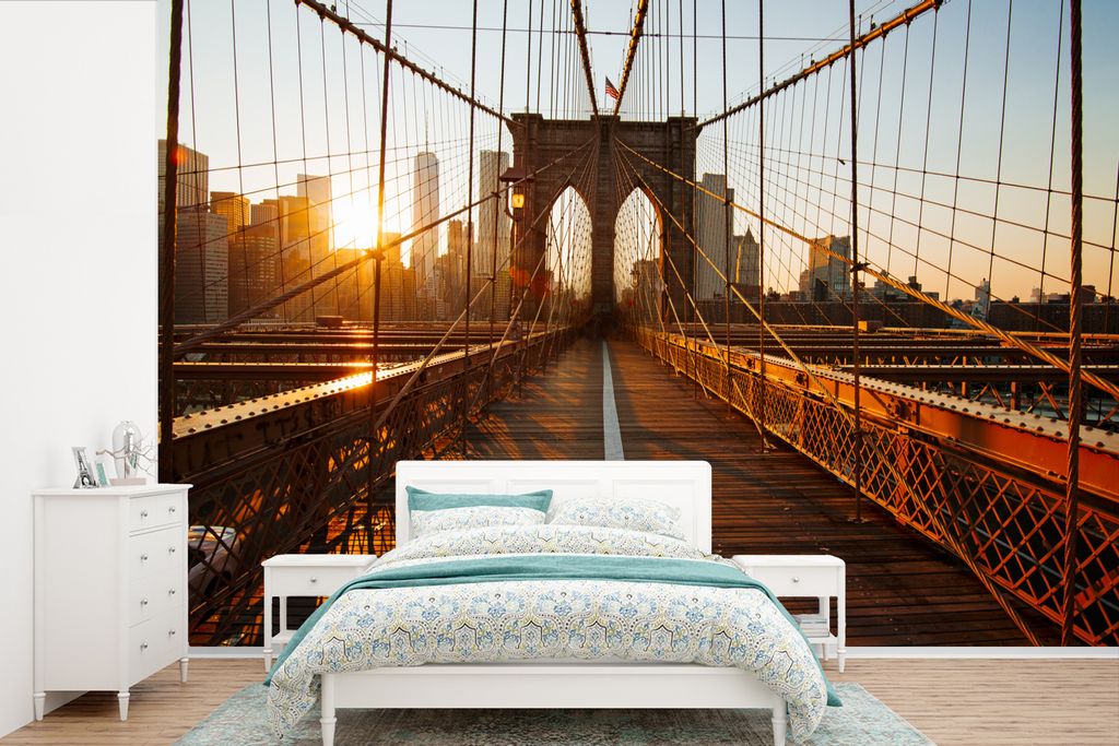 MuchoWow Fototapete für Wohnzimmer oder Schlafzimmer Wandtapete Vinyl Motivtapete Brooklyn Bridge in New York bei Sonnenuntergang - 330x220 cm -...