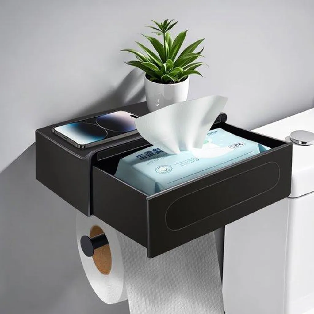Porte-papier toilette sans perçage noir avec compartiment de rangement