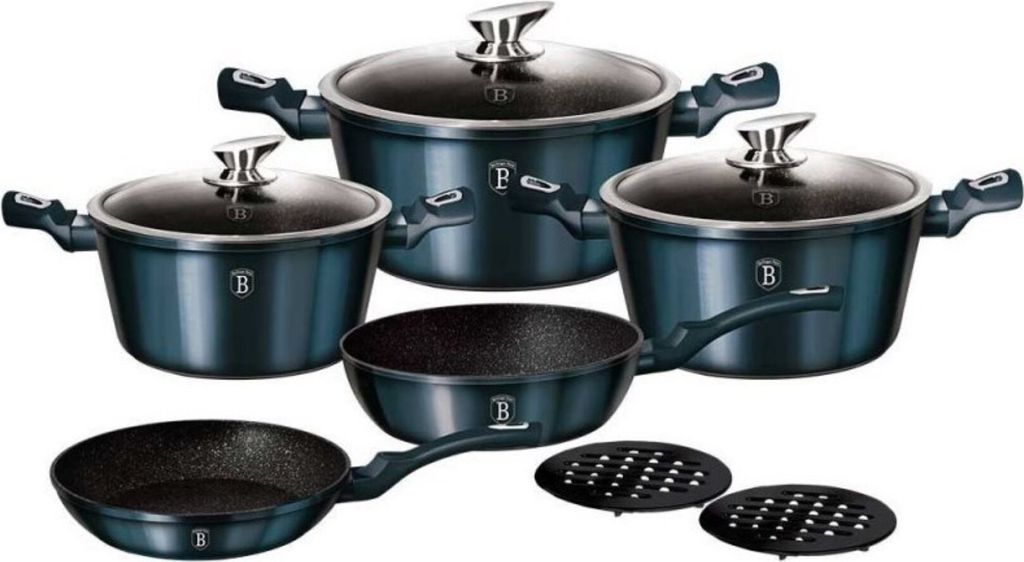 A set of cookware and frying pans arranged on a white background.