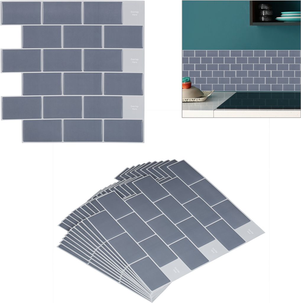 Fliesenaufkleber - 30,5 x 30,5 cm - Set von 10 - selbstklebend - 3D Fliesen - Metro - Grau