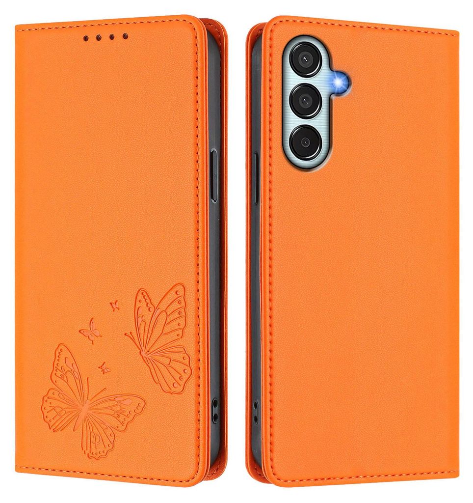 Lederhülle für Samsung Galaxy M35 5G, Schmetterling Prägung Leder Brieftasche Schutzhülle mit Ständer Orange