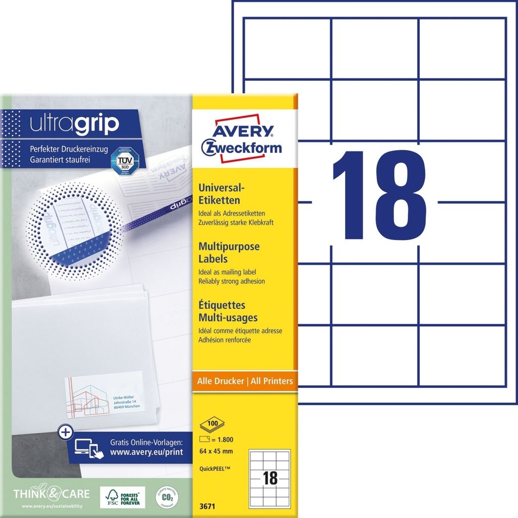 Universal-Etiketten ultragrip 64x45 mm VE=5x1.800 Etiketten / 100 Bogen weiß